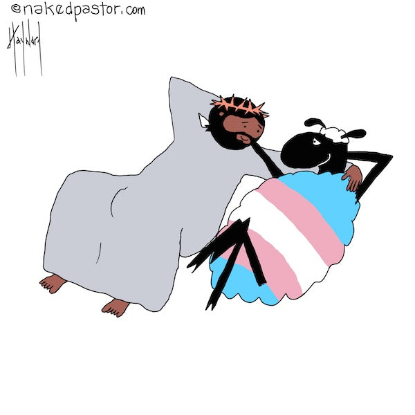 Jesus Chills with Transgender Sheep Digital Cartoon - by nakedpastor