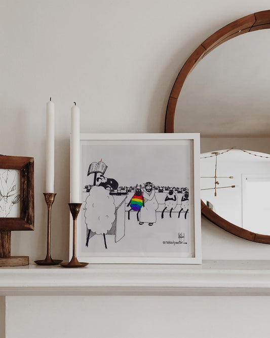 Jesus Covers the Rainbow Sheep's Ears Cartoon Print-Queer Christian Art Prints-nakedpastor