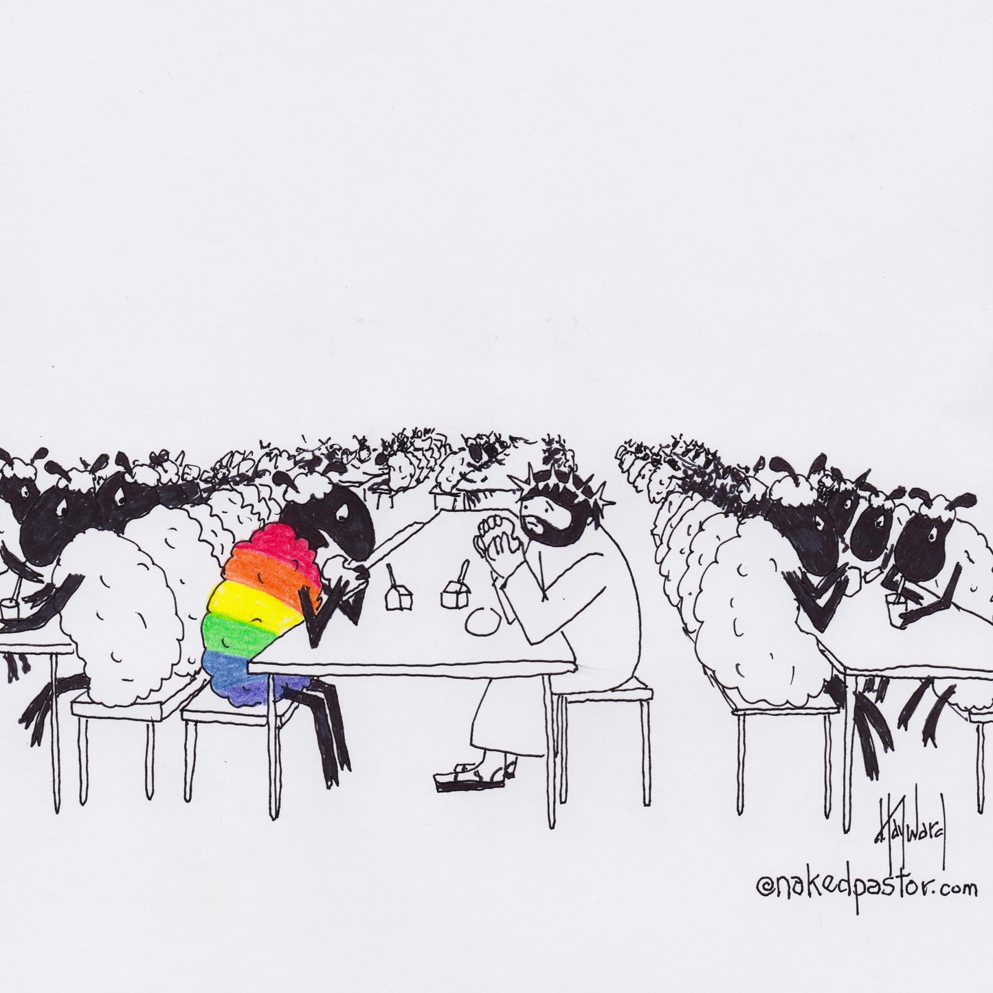 Jesus Eats with the LGBTQ Sheep Digital Cartoon