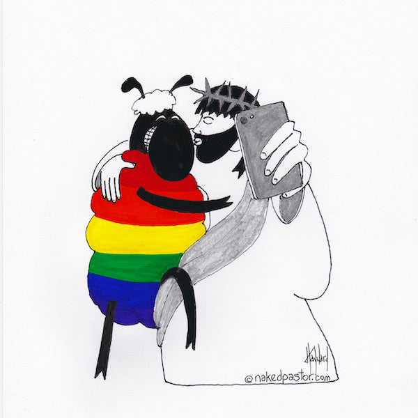 Jesus and Rainbow Sheep Selfie Digital Cartoon - by nakedpastor