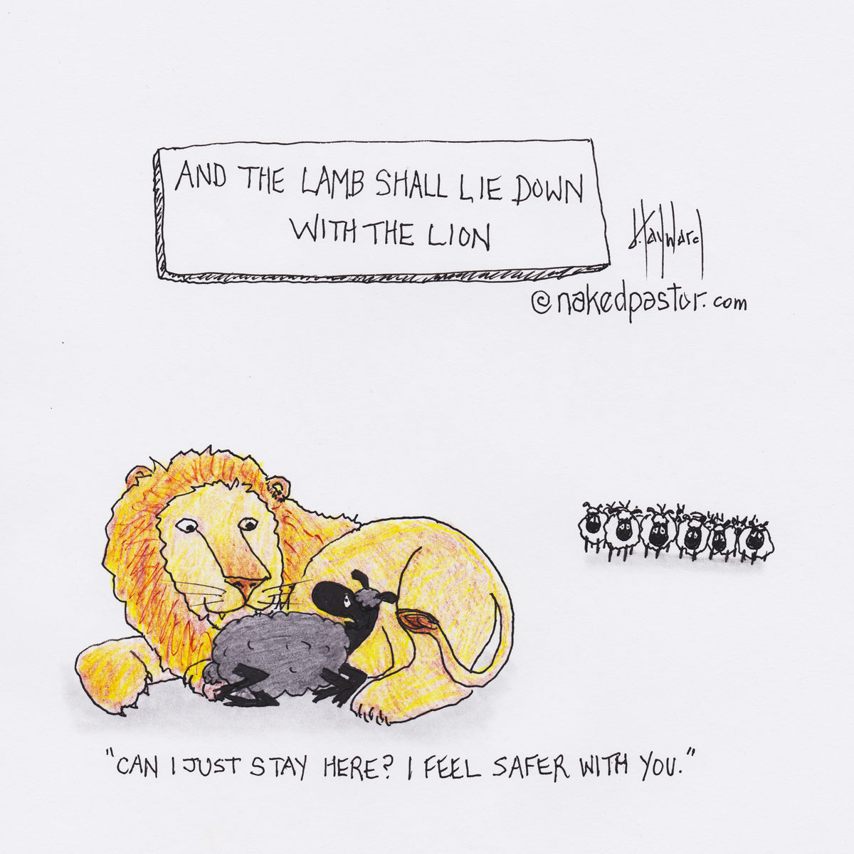 The Lamb Lies Down with the Lion Digital Cartoon - by nakedpastor